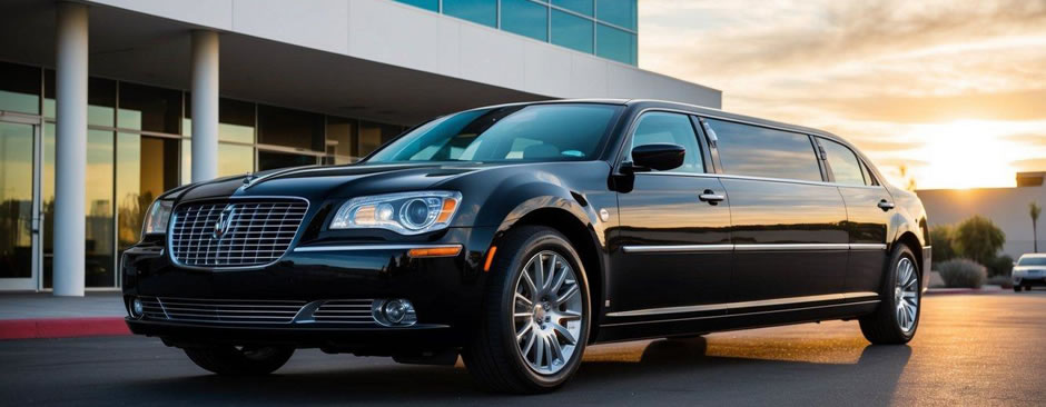 A sleek black limousine parked outside a modern office building in downtown Tempe, Arizona. The sun is setting, casting a warm glow on the vehicle