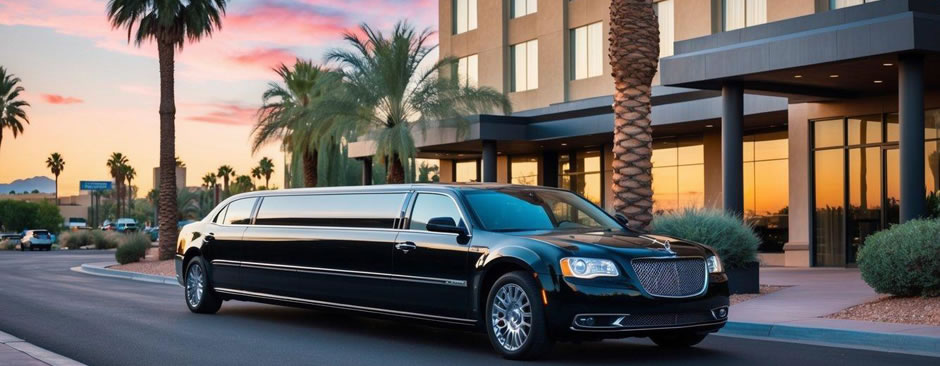 A sleek black limousine pulls up to a luxury hotel in downtown Tempe, Arizona, surrounded by palm trees and a vibrant cityscape