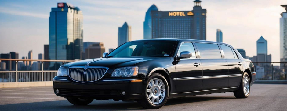 A sleek black limousine parked in front of a luxury hotel, with the city skyline in the background