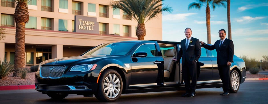 A sleek limousine parked in front of a luxury hotel in Tempe, Arizona, with a chauffeur standing by the open door