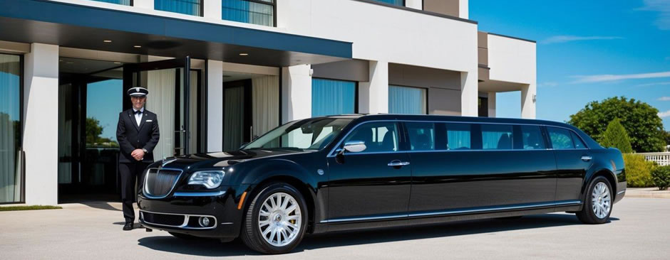 A sleek black limousine parked outside a luxury hotel, with a uniformed chauffeur standing by the open door, ready to assist passengers. The sun shines brightly in the clear blue sky
