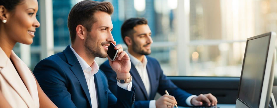A customer on the phone providing details for a limo reservation while a representative takes notes and enters information into a computer